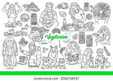 Vegetarians people eating salads made from organic products and refuse to eat animal meat. Vegetarians oppose use of natural fur and consumption of unhealthy foods of non-plant origin. Hand drawn.