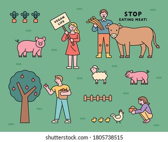 Vegetarianos que protegen a los animales de granja. estilo de diseño plano ilustración vectorial mínima.