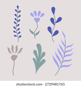 Vegetation elements, branches with small leaves, a flower with petals in the shape of hearts, a flower with elongated petals.