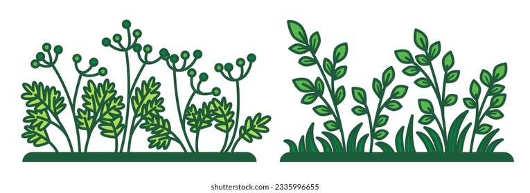 Vegetation and grass of meadows or fields. Isolated foliage and leaves, flora and decoration. Leafage and lush frondage for park, yard or garden landscape design. Vector in flat style illustration