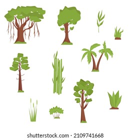 Vegetation of India. Trees and grass. Banyan, palm trees, bamboo, sandalwood, coniferous trees in flat design