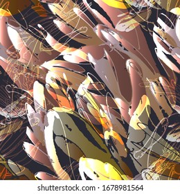 Vegetation mit Blättern und Crassula. Nahtlose Vektorillustration Muster mit Farben. Handzeichnung. Skizze.