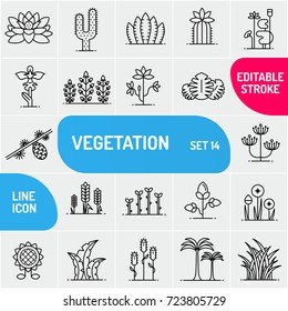 Vegetation line icons. Large icons set of flowers and plants. Can use for biology templates. Vector illustration