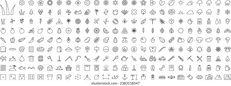 Vegetation Plants and Crops Outlined Vector Icon Megapack Set Transparent Background PNG Editable Stroke EPS