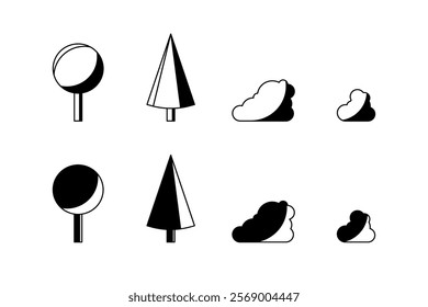 Vegetation set icons. Linear and silhouette style. Vector icons.