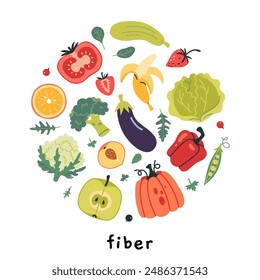 Infografía de productos de fuentes de fibra vegetativa. Alimentos saludables con verduras, frutas y bayas. Ilustración vectorial moderna aislada sobre fondo blanco, dibujado a mano, diseño plano