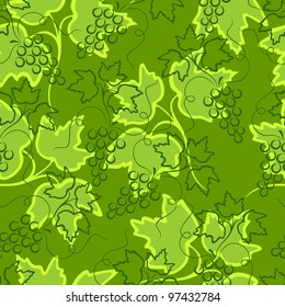 Vegetative seamless background. Bunches of grapes on a background of green leaves.