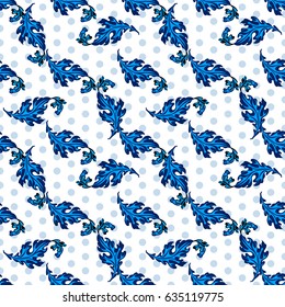 Vegetative seamless pattern with leaves and circles.