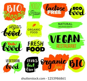 VEGETERIAN, Bio, Ecology, Organic food logos and icons, labels, tags. Hand drawn bio healthy food badges, set of raw, vegan, healthy food signs, organic and elements set