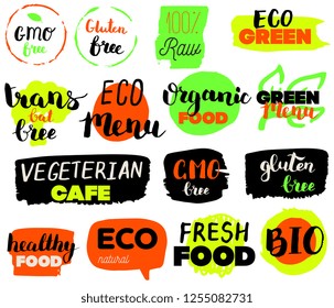 VEGETERIAN, Bio, Ecology, Organic food logos and icons, labels, tags. Hand drawn bio healthy food badges, set of raw, vegan, healthy food signs, organic and elements set