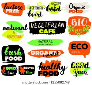 VEGETERIAN, Bio, Ecology, Organic food logos and icons, labels, tags. Hand drawn bio healthy food badges, set of raw, vegan, healthy food signs, organic and elements set