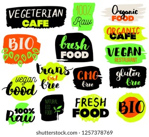 VEGETERIAN, Bio, Ecology, Organic food logos and icons, labels, tags. Hand drawn bio healthy food badges, set of raw, vegan, healthy food signs, organic and elements set