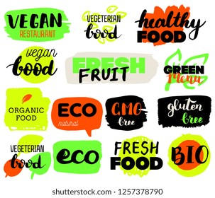 VEGETERIAN, Bio, Ecology, Organic food logos and icons, labels, tags. Hand drawn bio healthy food badges, set of raw, vegan, healthy food signs, organic and elements set