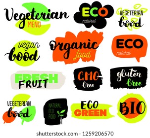 VEGETERIAN, Bio, Ecology, Organic food logos and icons, labels, tags. Hand drawn bio healthy food badges, set of raw, vegan, healthy food signs, organic and elements set