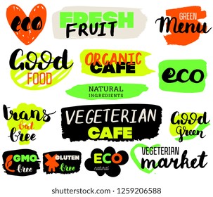 VEGETERIAN, Bio, Ecology, Organic food logos and icons, labels, tags. Hand drawn bio healthy food badges, set of raw, vegan, healthy food signs, organic and elements set