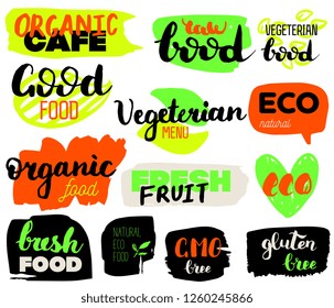 VEGETERIAN, Bio, Ecology, Organic food logos and icons, labels, tags. Hand drawn bio healthy food badges, set of raw, vegan, healthy food signs, organic and elements set