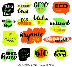 VEGETERIAN, Bio, Ecology, Organic food logos and icons, labels, tags. Hand drawn bio healthy food badges, set of raw, vegan, healthy food signs, organic and elements set