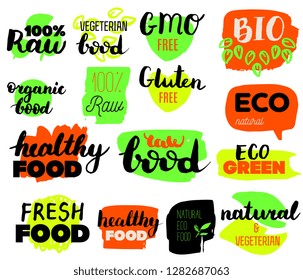 VEGETERIAN, Bio, Ecology, Organic food logos and icons, labels, tags. Hand drawn bio healthy food badges, set of raw, vegan, healthy food signs, organic and elements set