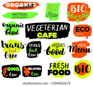 VEGETERIAN, Bio, Ecology, Organic food logos and icons, labels, tags. Hand drawn bio healthy food badges, set of raw, vegan, healthy food signs, organic and elements set