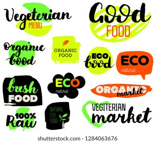 VEGETERIAN, Bio, Ecology, Organic food logos and icons, labels, tags. Hand drawn bio healthy food badges, set of raw, vegan, healthy food signs, organic and elements set