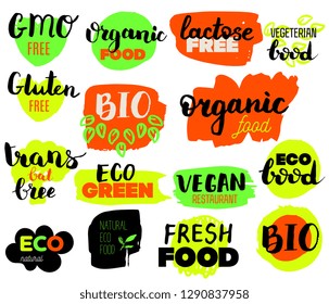 VEGETERIAN, Bio, Ecology, Organic food logos and icons, labels, tags. Hand drawn bio healthy food badges, set of raw, vegan, healthy food signs, organic and elements set