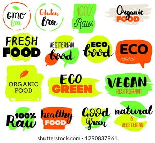 VEGETERIAN, Bio, Ecology, Organic food logos and icons, labels, tags. Hand drawn bio healthy food badges, set of raw, vegan, healthy food signs, organic and elements set