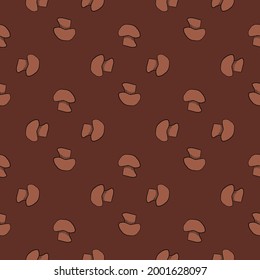 Vegeterian food seamless pattern in geometric style with doodle champignon print. Maroon background. Vector illustration for seasonal textile prints, fabric, banners, backdrops and wallpapers.