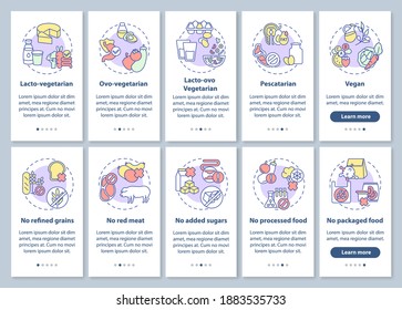 Vegeterian lifestyle onboarding mobile app page screen with concepts set. Organic food eating lifestyle walkthrough 10 steps graphic instructions. UI vector template with RGB color illustrations