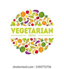 Vegeterian Menu, Farm Fresh Colorful Vegetables in Circular Shape Vector Illustration