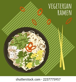 Vegeterian ramen soup with chopsticks on bamboo placemat poster. Asian food with noodles, tofu, corn, parsley, green onion, chili. Chinese japanese korean cuisine popular dish. Vector illustration.