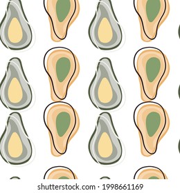 Vegeterian seamless pattern with beige and grey colored abstract avocado shapes. Isolated backdrop. Designed for fabric design, textile print, wrapping, cover. Vector illustration.