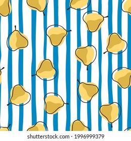 Vegeterian seamless pattern with yellow random pear ornament. Blue and white striped background. Designed for fabric design, textile print, wrapping, cover. Vector illustration.