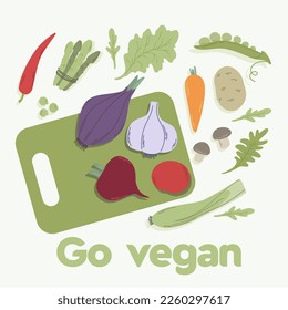 Veggi. Eat raw vegetables. Cutting board. Go vegan