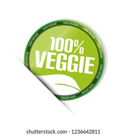 Veggie 100% - Green Round Button With Leaf - Vector Illustration - Isolated On White Background