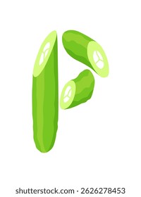 Veggie alphabet, English letter A made from fresh vegetables. Cucumber. Decoration concept for books, menus or shops. Vegetable lettering design on white background