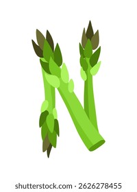 Alfabeto vegetariano, letra inglesa A feita de vegetais frescos. Espargos. Conceito de decoração para livros, menus ou lojas. Design de legenda vegetal sobre fundo branco