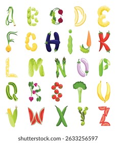 Veggie alphabet, English letters made from fresh vegetables. Decoration concept for books, menus or shops. Vegetable lettering design on white background