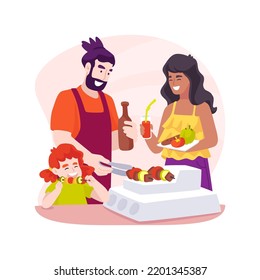 Veggie BBQ isolated cartoon vector illustration. Family leisure time, family doing vegetarian barbecue, BBQ at the backyard, grilling veggies together, grill party, healthy meal vector cartoon.