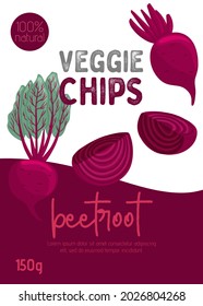 Veggie beetroot chips packaging design in cartoon style. Bright beet vegetables. Healthy organic beets with leaves and beetroot slices for autumn farm market design.