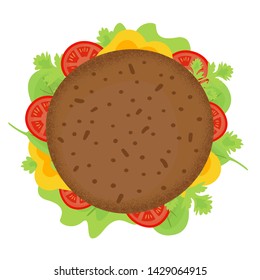 Veggie black burger with tomato, bell pepper and greenery. Doodle color illustration of food for the day