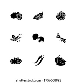 Veggie black glyph icons set on white space. Sliced cucumber. Fresh tomato to prepare ketchup. Lettuce head. Pea in stem. Whole mushroom. Ripe pumpkin. Silhouette symbols. Vector isolated illustration