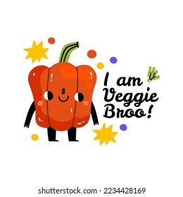 I am veggie bro. Funny food puns phrase with red pepper. Cute vegetable character with funny kawaii face. Hand drawn cartoon cute illustration for stickers, posters, wall art. Summer print