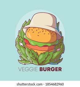 Ilustración vectorial del carácter de la hamburguesa vegetal. Salud, comida, vegetariana, concepto de diseño de marca