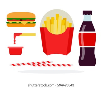 Veggie burger, french fries in the package, soda, straws, potatoes in ketchup vector flat material design isolated on white