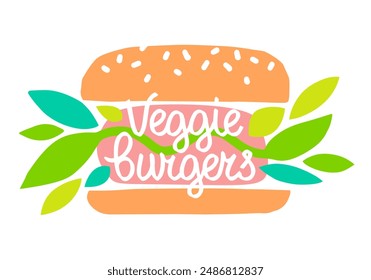 Veggie Burger icon, lettering, hand drawn label, Calligraphy. Plant based hamburger. Vector Illustration, food element for vegan cafe menu, banner.