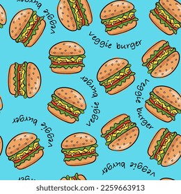 Patrón de hamburguesa vegetariana. Esta hamburguesa es vegana. Patrón sin fisuras dibujado a mano por vectores. Textura gráfica para el paquete, papel envolvente, tarjeta, etiqueta, tela, impresión, publicidad.