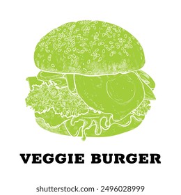  Veggie Burger, Vektorgrafik, handgezeichnet mit flacher Füllung auf weißem Hintergrund. Burger mit Tomaten, Gurken, Basilikum, Salat, Zwiebel, veganes Fleisch, Ei. Der Vektor ist eine einheitliche Form.