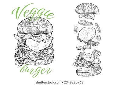 Veggie Burger Vektorlinie Kunst handgezeichnet. Schwarz auf weißem Hintergrund mit Tomaten, Pickeln, Basilikum, Salat, Zwiebeln, Veganfleisch, Ei. 