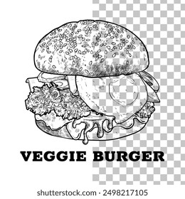 Veggie Burger Vektor Linie Kunst handgezeichnet mit schwarzem Umriss, keine Füllung, und feine Details. Burger mit Tomaten, Gurken, Basilikum, Salat, Zwiebel, veganes Fleisch, Ei.