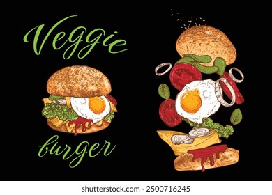 Veggie Burger Vektor Linie Kunst handgezeichnet und gefärbt. Burger mit Tomaten, Gurken, Basilikum, Salat, Zwiebel, veganes Fleisch, Ei. Zutaten sind getrennt gruppiert. Flying separate Zutaten.